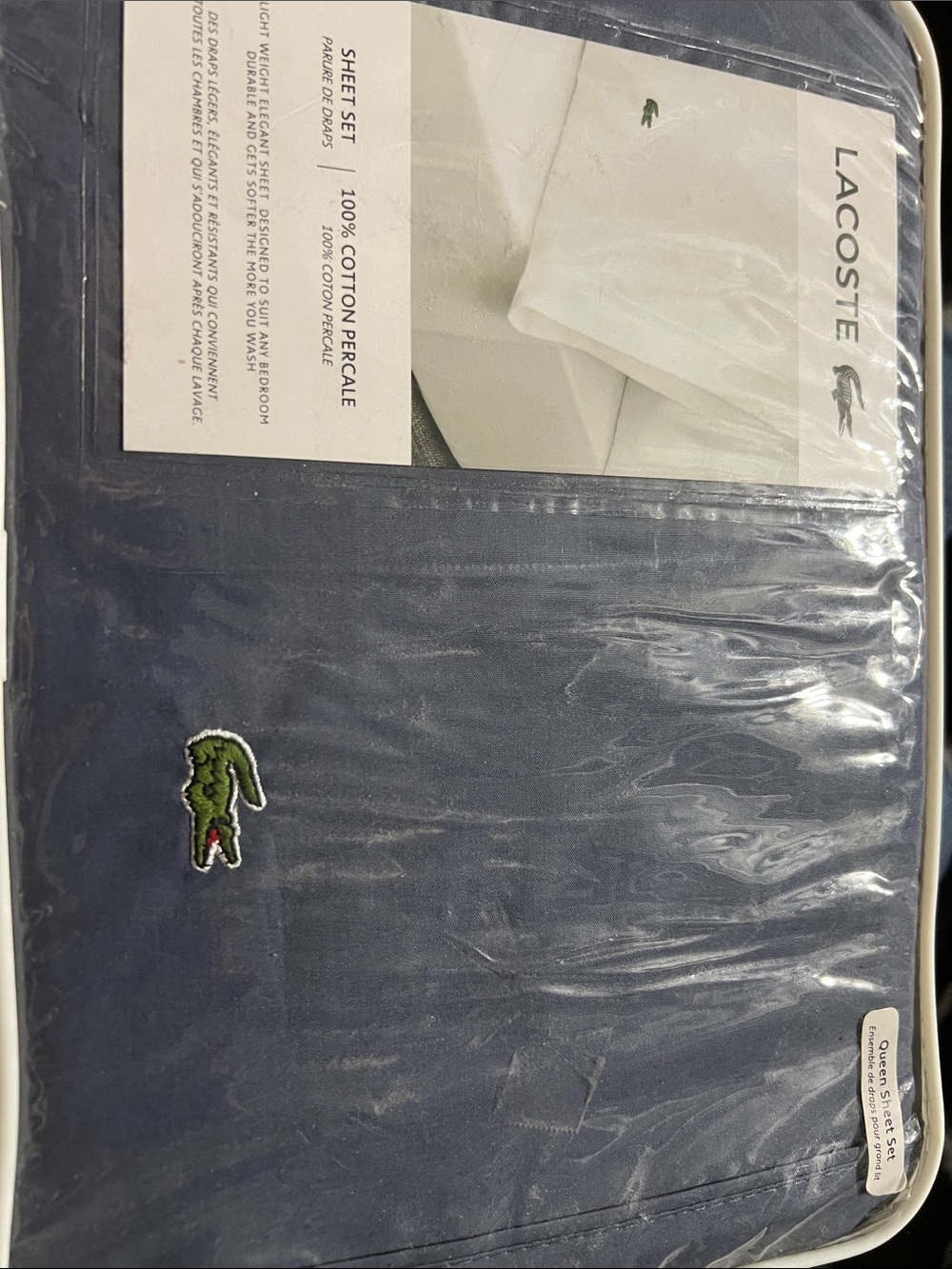 Lacoste Dark Blue Cotton Percale Sheet Set with Crocodile Logo